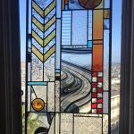The Road_Leaded glass panel, mouth blown Fremont flash glass, roundel, Spectrum Baroque, Kokomo, misc clear/patterned architectural glass